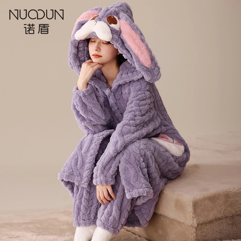 诺盾珊瑚绒睡袍女士卡通甜美中长款加厚加绒保暖秋冬季套装家居服