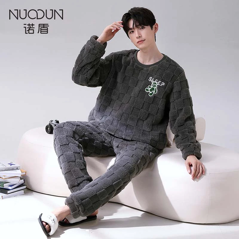 诺盾法兰绒睡衣男秋冬款2023新款加绒珊瑚绒加厚保暖可外出家居服