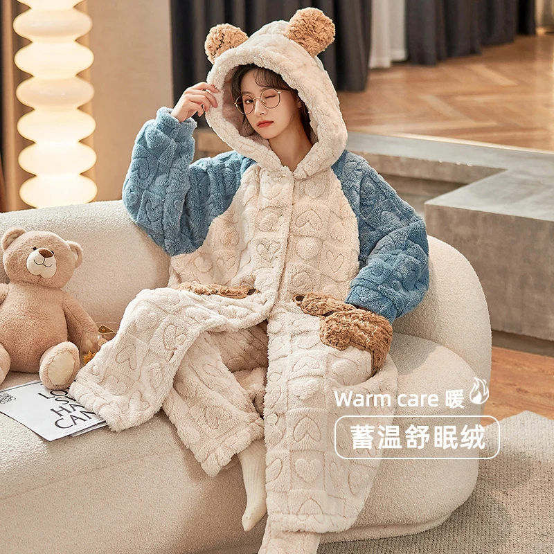 诺盾珊瑚绒睡袍女秋冬季2023年新款加厚加绒长款睡衣女套装家居服