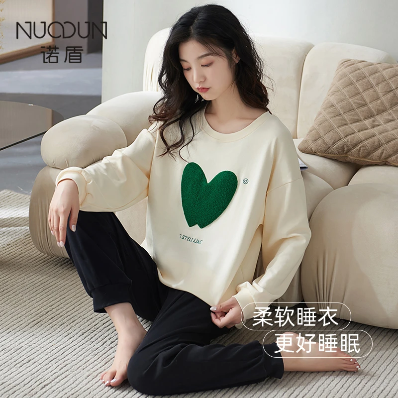 诺盾纯棉睡衣女春夏2023年新款休闲夏天带胸垫家居服长袖外穿套装