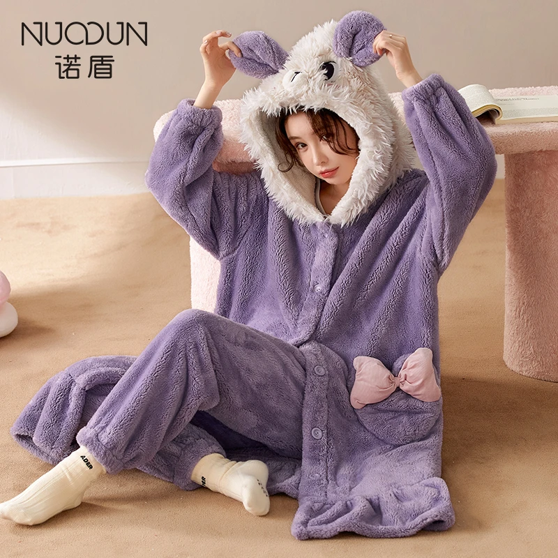 诺盾珊瑚绒冬季睡袍女加厚加绒睡衣秋冬款可外穿法兰绒套装家居服
