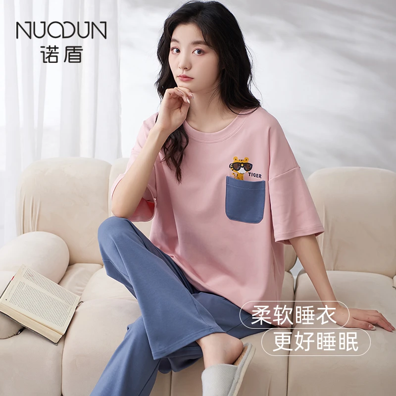 诺盾夏季睡衣女纯棉2024年带胸垫短袖长裤可外出高级感家居服套装