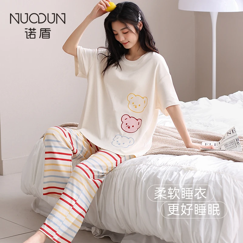 诺盾夏季纯棉睡衣女带胸垫薄款家居服夏天新款大码可外出短袖套装