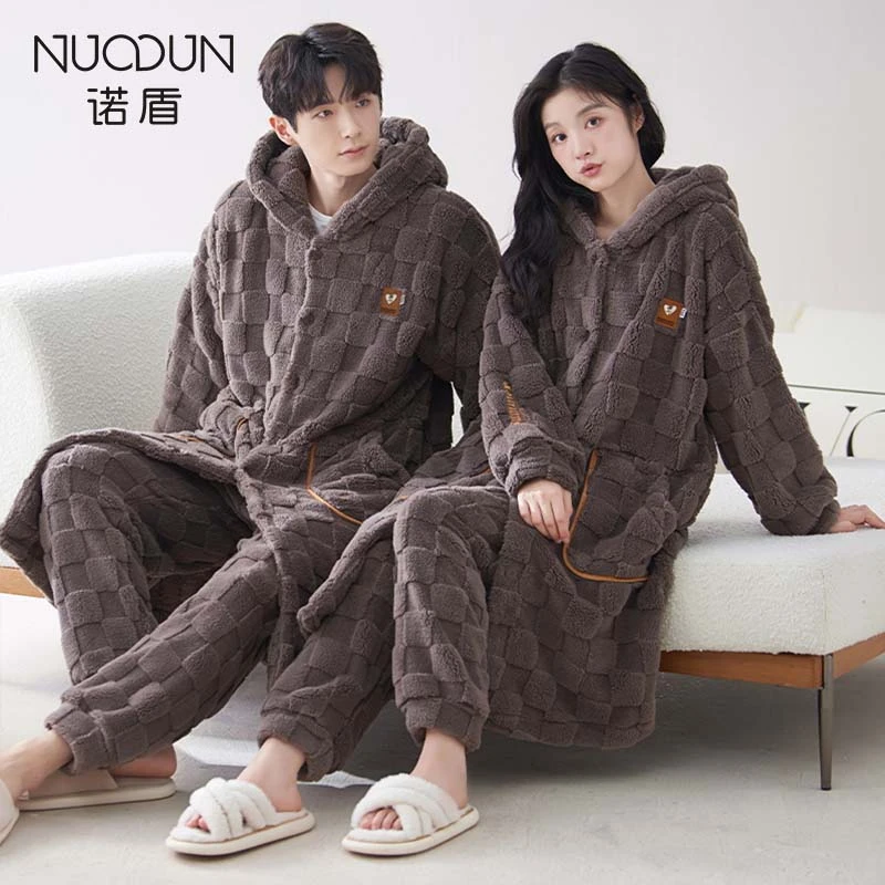 诺盾珊瑚绒情侣睡衣2023新款加厚加绒可外出穿高档睡袍家居服套装