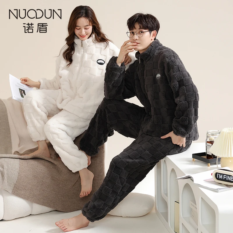 诺盾情侣秋冬睡衣女男款珊瑚绒可外穿加厚加绒冬天保暖套装家居服
