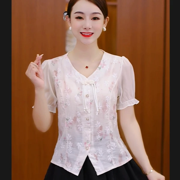 洋气减龄年轻气质衬衫女2024夏季新款新中式国风设计感短袖女上衣