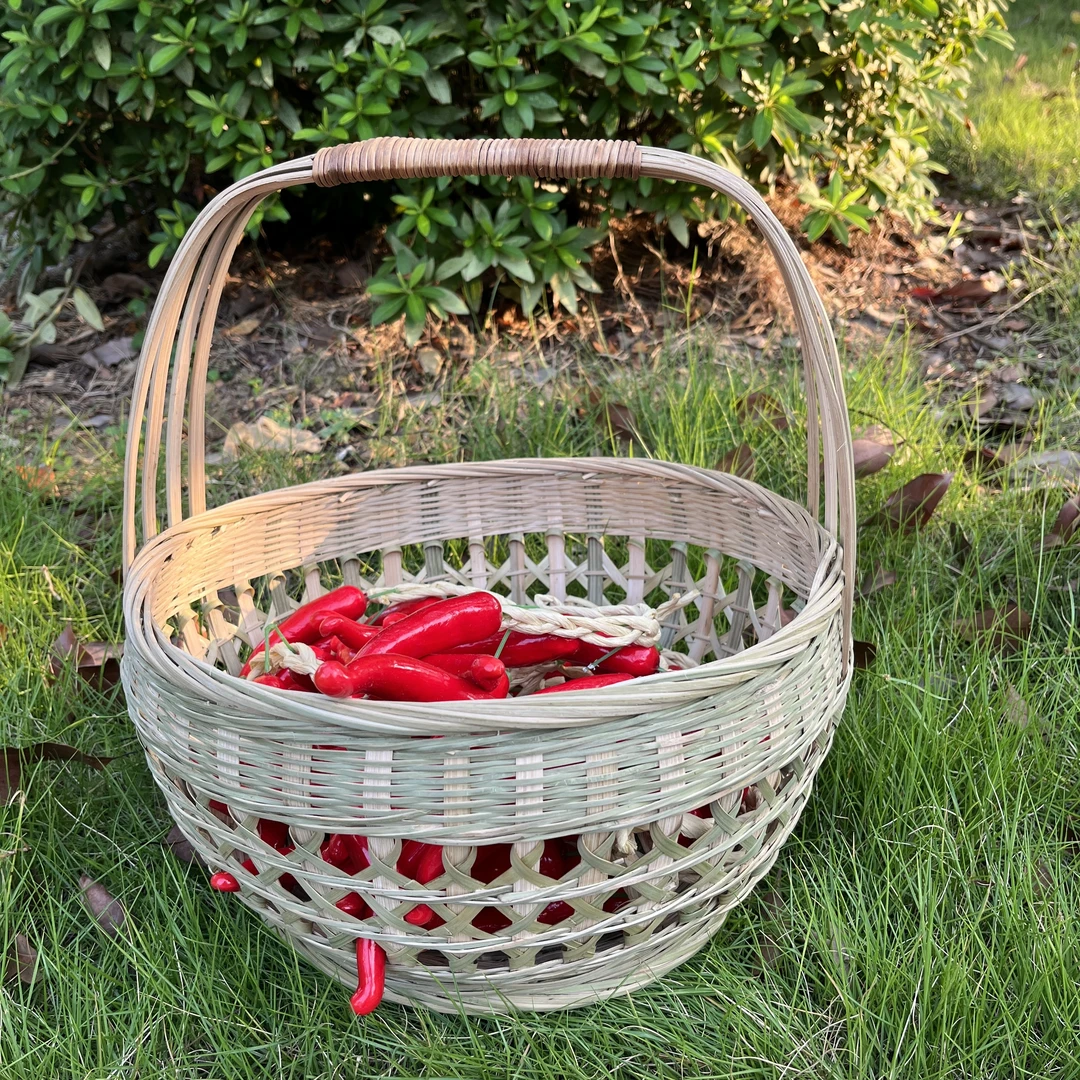 手工圆形镂空竹篮菜篮水果篮口径约32厘米篮高17厘米全高约35厘米