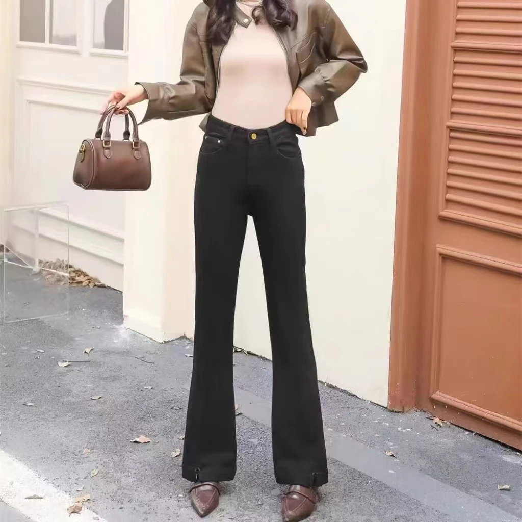 9587    佰#黑色高腰直筒微喇牛仔裤