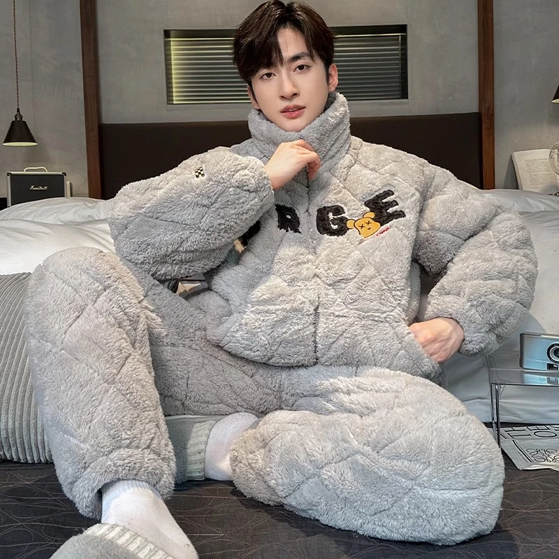 2024男士立领睡衣冬季加绒加厚三层夹棉袄冬天超厚保暖家居服套装