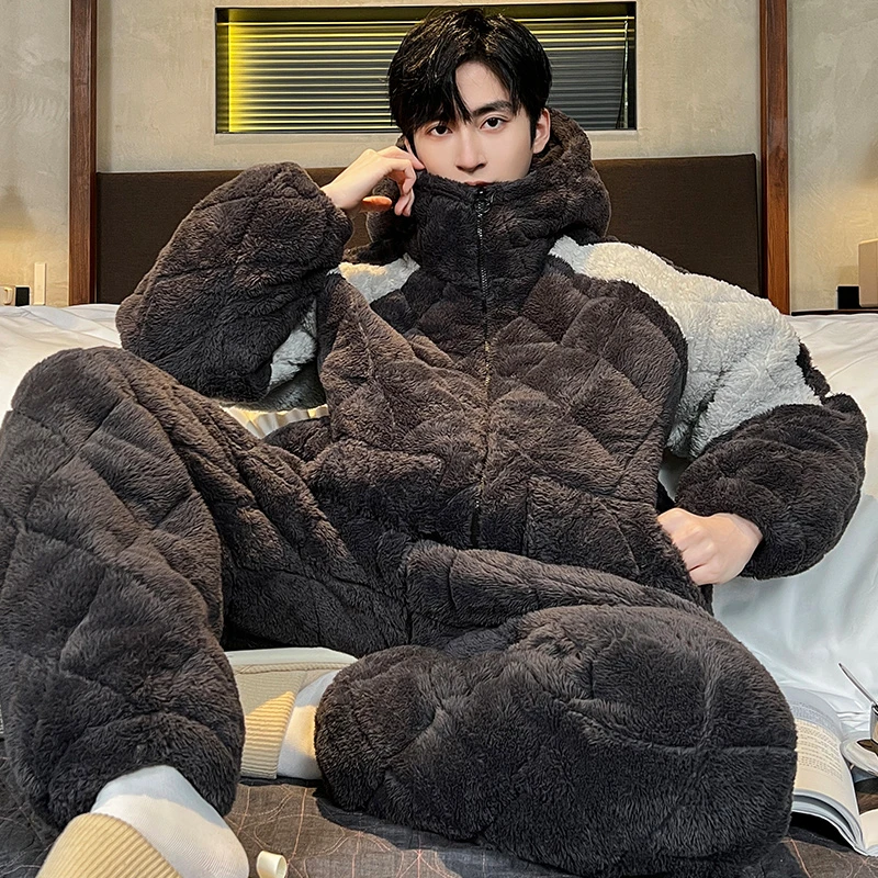 2024连帽男士睡衣冬季加绒加厚三层夹棉袄冬天超厚保暖家居服套装