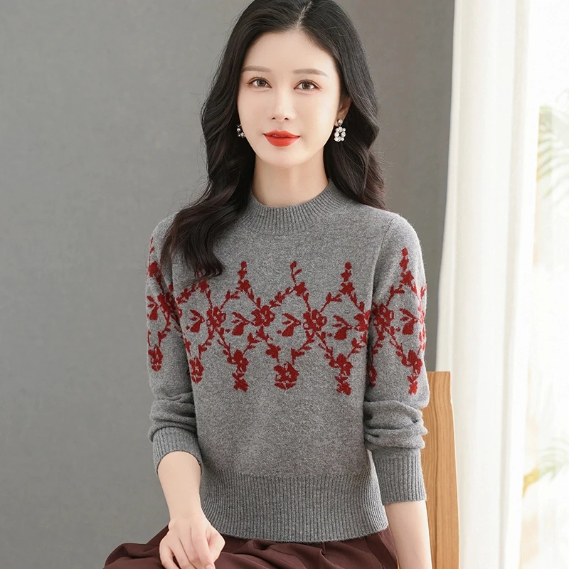 【绵羊毛衫】2024冬款圆领女针织衫花纹百搭修身洋气简约套头上衣