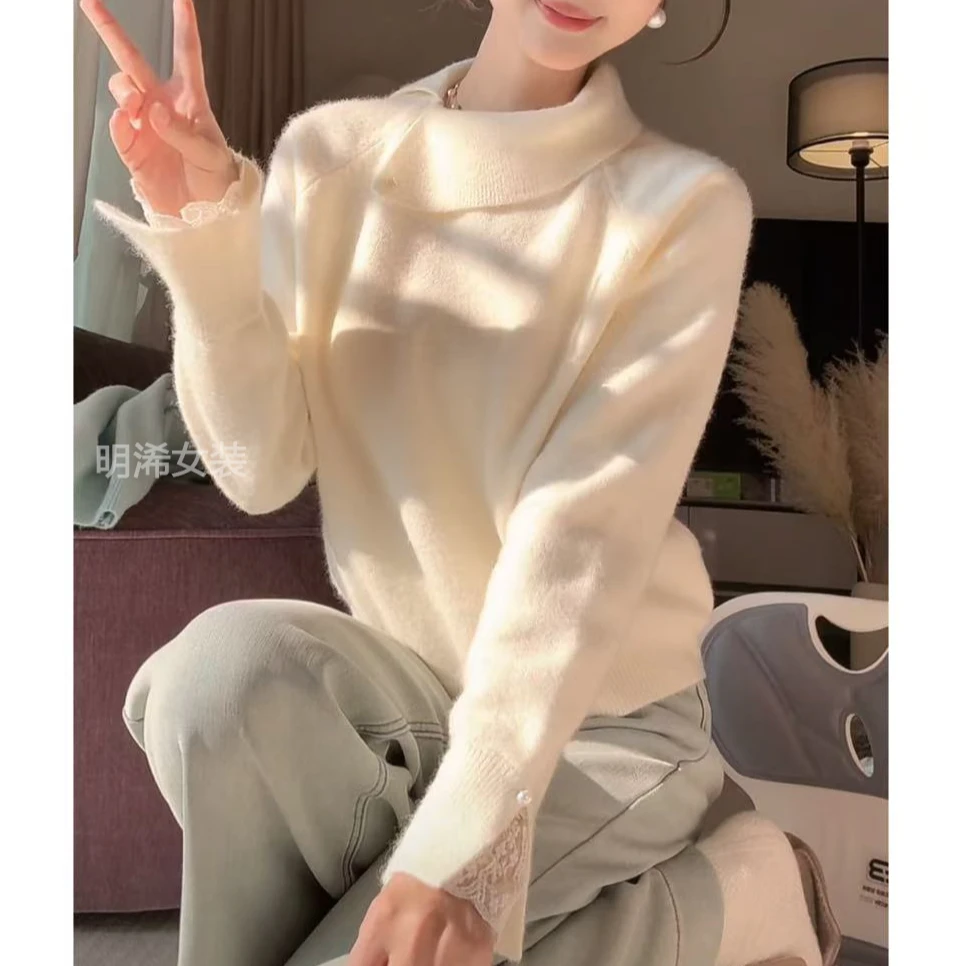 设计感不规则翻领蕾丝拼接针织毛衣秋冬2024新款高级感上衣K8037