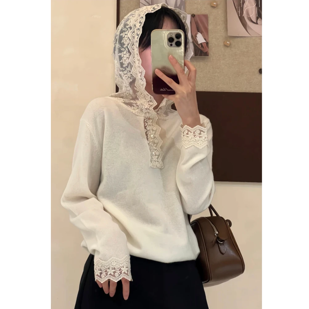 【风情】重工原版蕾丝拼接连帽针织衫新款精致减龄百搭时尚洋气8899