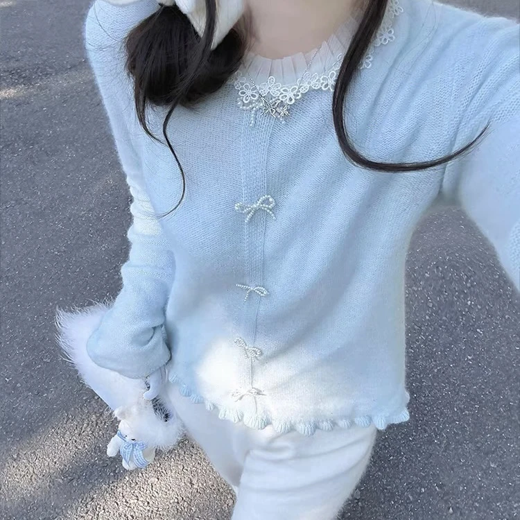 小香风法式甜美钉珠蕾丝花边针织衫秋冬毛衣内搭洋气百搭K8029