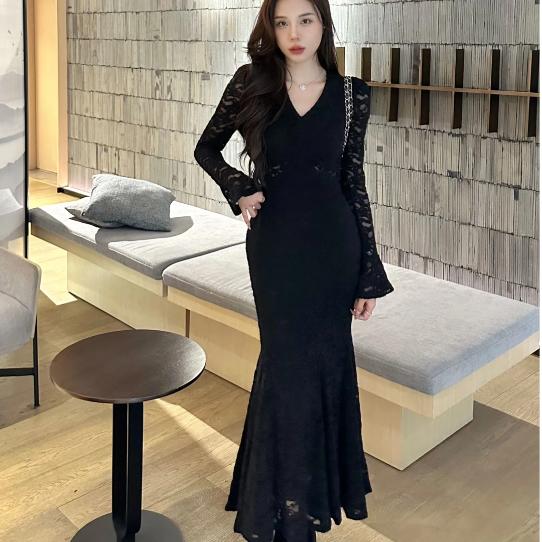 【田姜女装 】新款蕾丝加绒鱼尾连衣裙