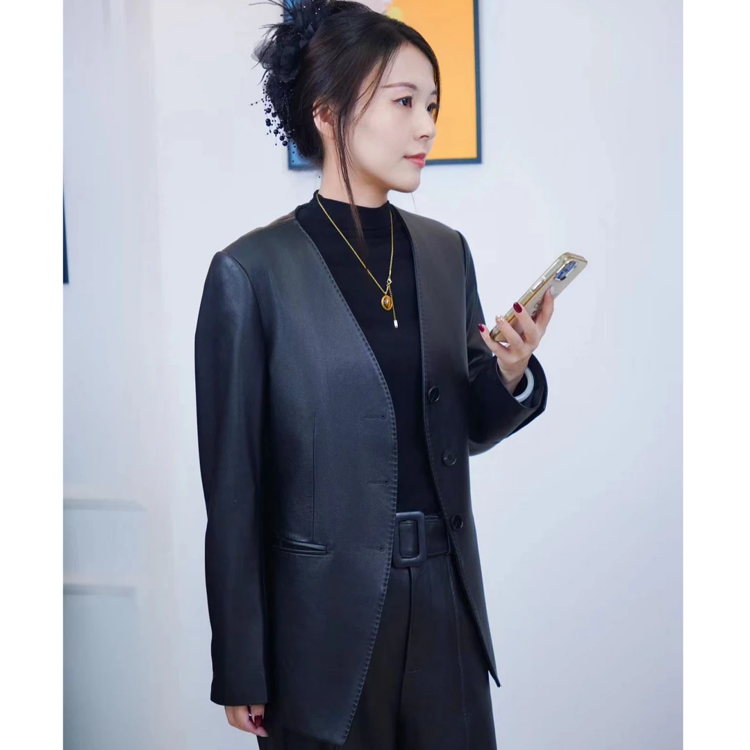 遇见安娜真皮皮衣女外套头层小牛皮2025新款秋冬款中长款休闲上衣