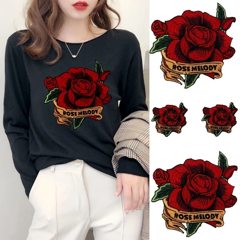 大号玫瑰花刺绣补丁贴羽绒服布贴装饰补丁衣服贴衣服破洞修补可缝