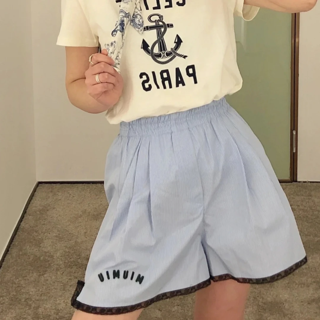 1d008/准新带吊 MIUMIU 缪缪 黑色蕾丝格纹标语短裤 38码 公价9k