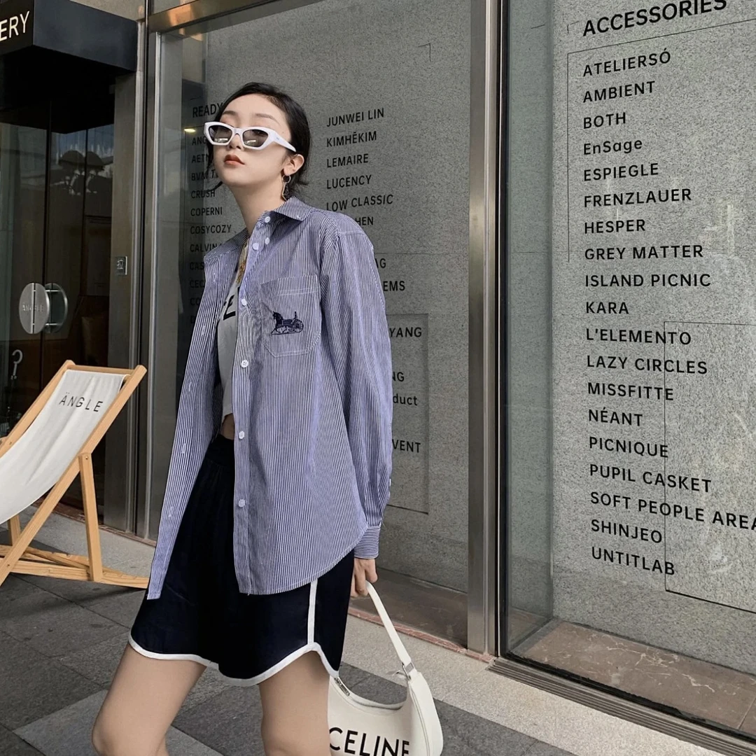 dl97/准新带吊Celine赛琳SS23条纹马车图案刺绣衬衫 38码 公价1w