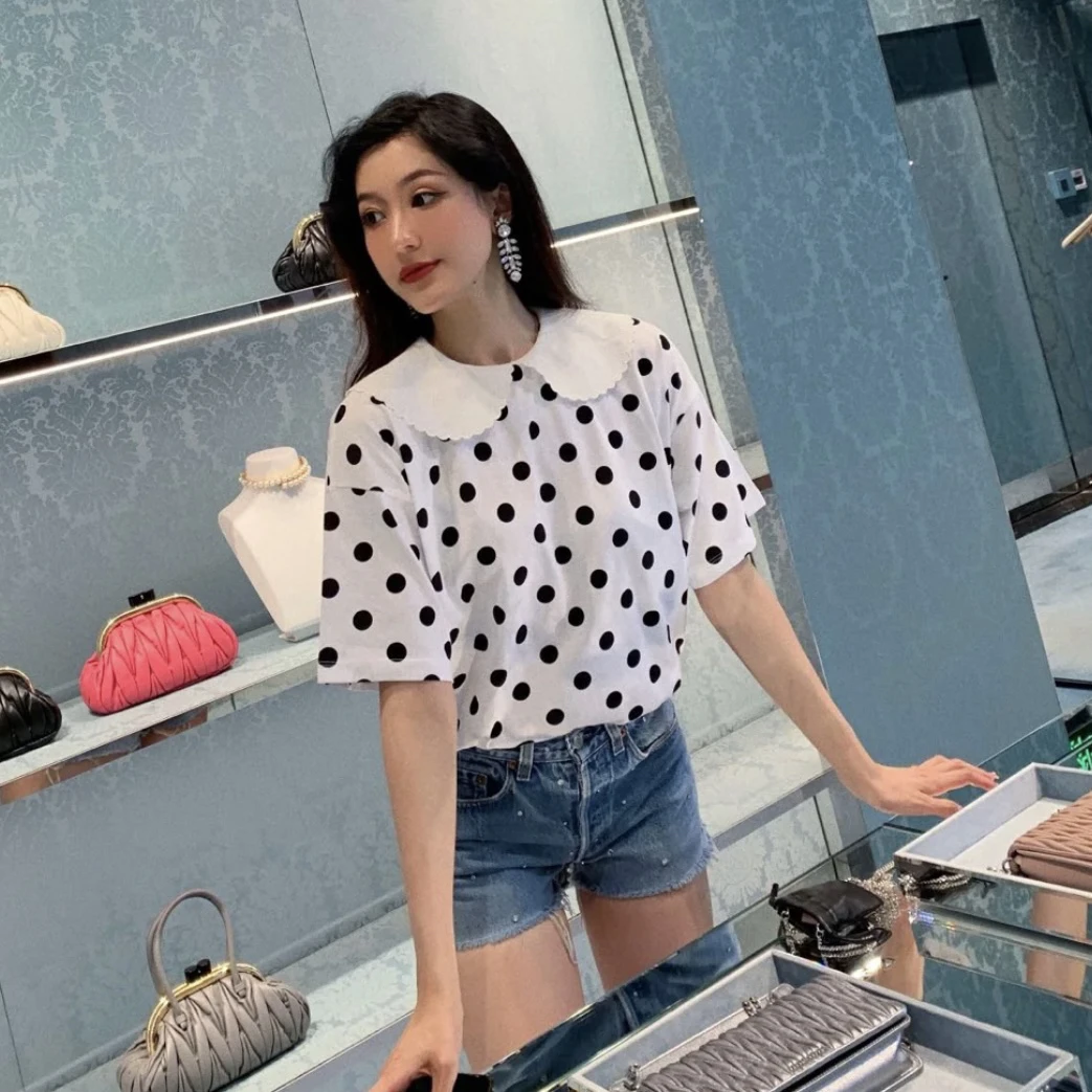 95新 MIU MIU/缪缪 1f049 标语波点平纹花领针织短袖 xs码 公价1w