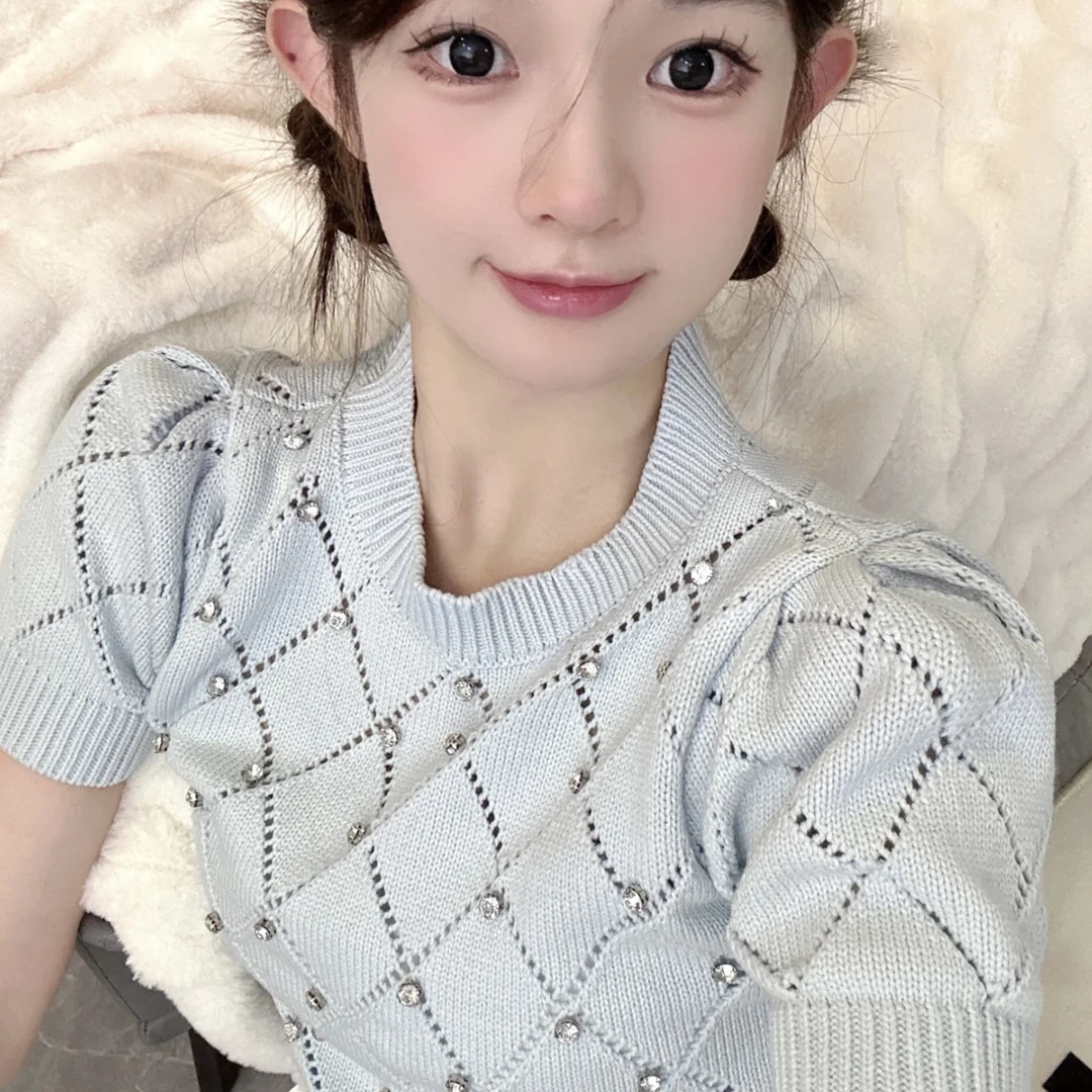 99新 MIU MIU/缪缪 2j021 ss23钻石圆领短袖毛衣36码公价