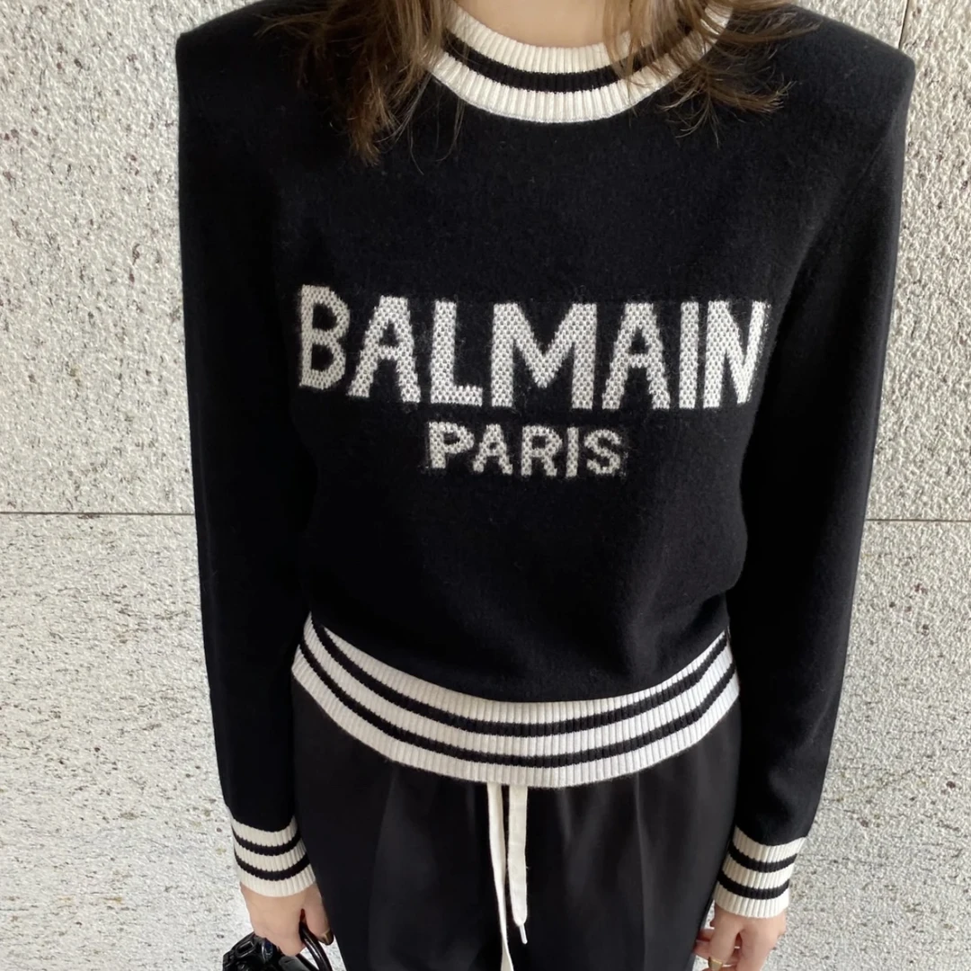 Balmain/巴尔曼 3j004 99新 标语嵌花羊毛衫毛衣 38码 公价1.2w