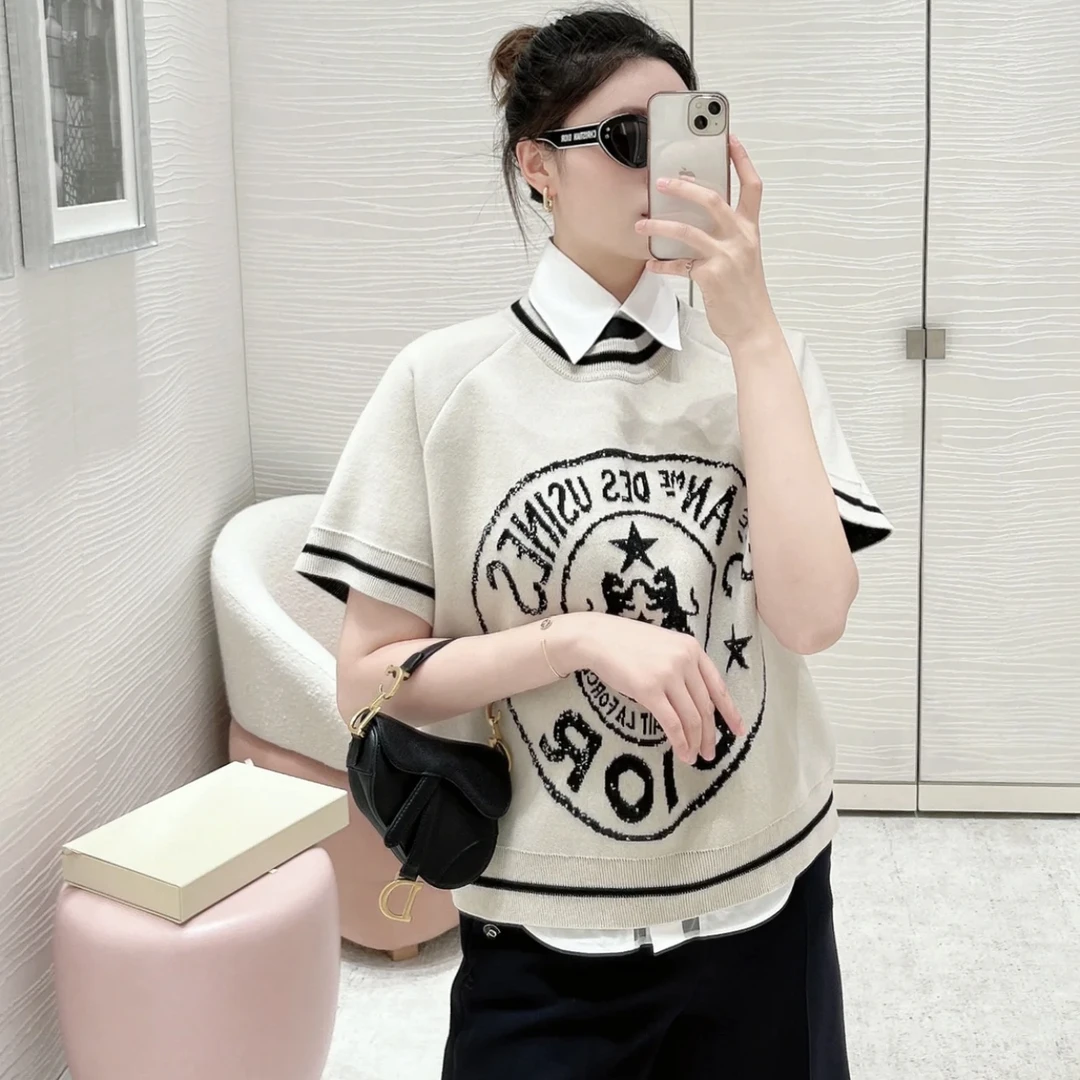 Dior/迪奥 1i023 99新 FW22字母提花短袖羊毛衫 34码 公价1.8w