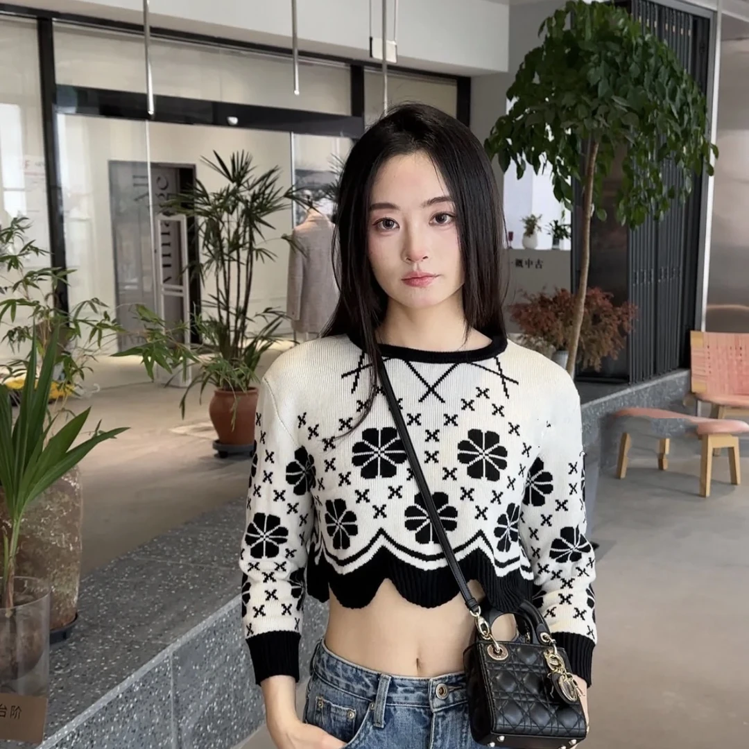Dior/迪奥 ys120 99新 秀款拼色短款针织毛衣 36码 公价1.5w