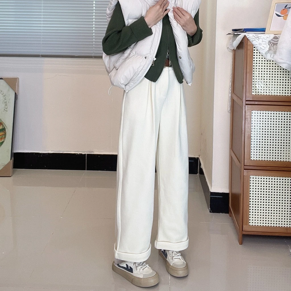 小个子卷边裤春秋休闲百搭宽松阔腿时尚简约纯色腰韩版垂感