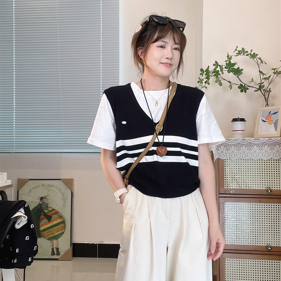 小个子假两件针织短袖夏款百搭t恤韩版显瘦叠穿气质修身设计感