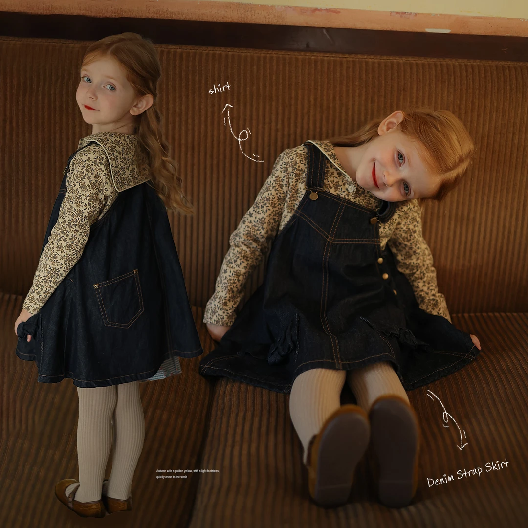 女童可爱气质碎花衬衫牛仔背带裙套装 宝宝秋季洋气衬衣牛仔裙潮