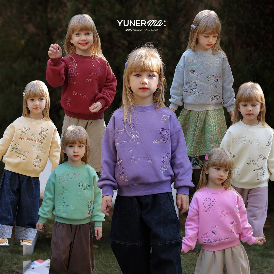 【原创插画师合作款】允儿妈女童秋冬加绒加厚刺绣卫衣儿童上衣潮