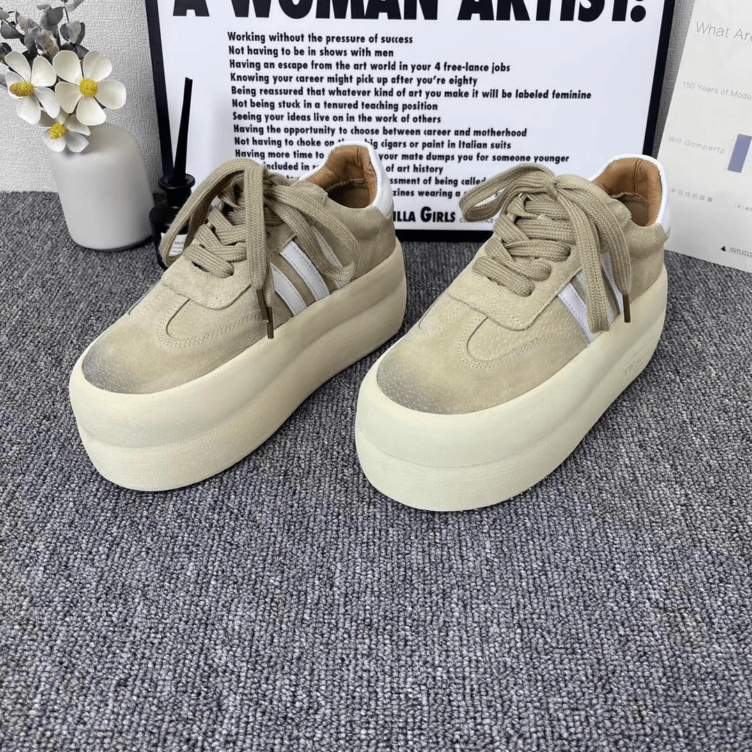 女鞋时尚百搭休闲鞋ins松糕系带真皮复古春季小众白鞋圆头韩版皮