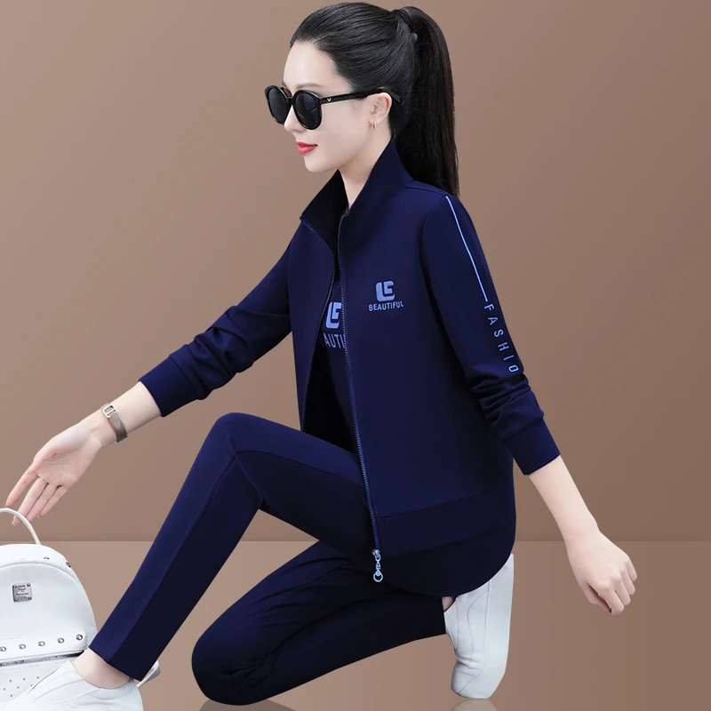 春秋运动套装女2025新款减龄韩版时尚洋气立领开衫户外休闲三件套