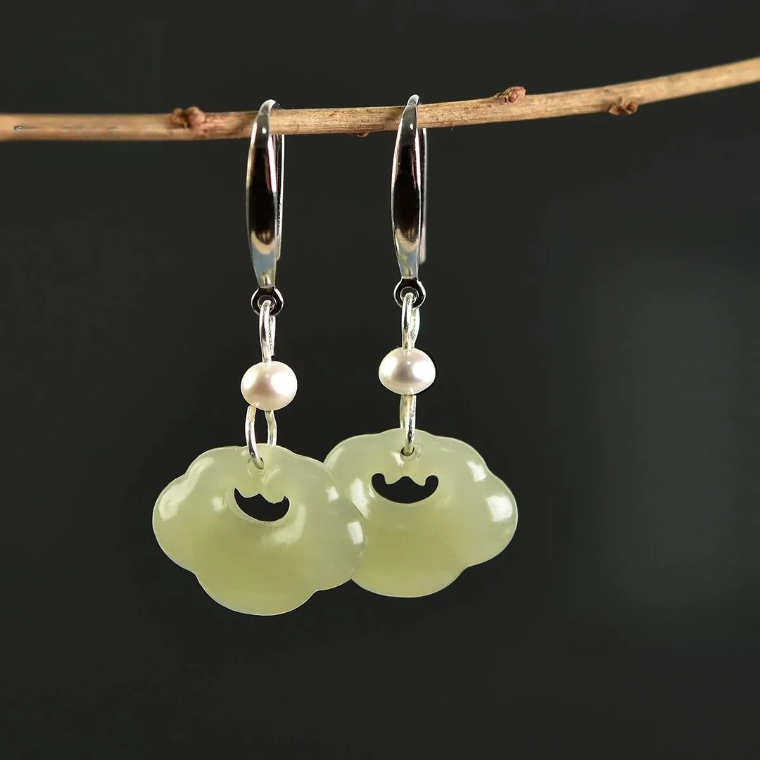 一世平安耳环S925纯银耳坠和田玉如意圆珠古典耳环