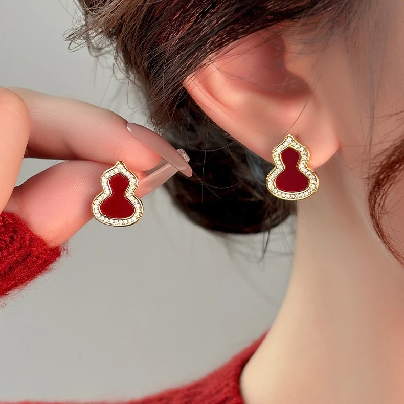 铜合金合成锆石耳饰 E0049设计感葫芦耳环红色耳饰美拉德色系耳环