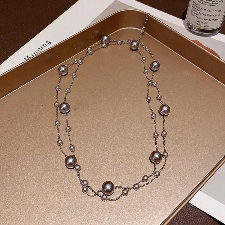 铜合金仿水晶吊坠 长款满天星珍珠项链轻奢气质小众锁骨链毛衣链