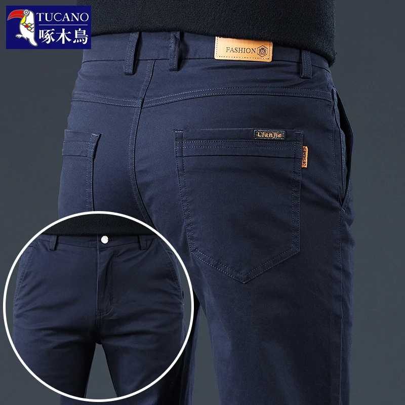 啄木鸟2025秋冬厚款高端纯棉休闲裤男修身小直筒灰色男士商务长裤