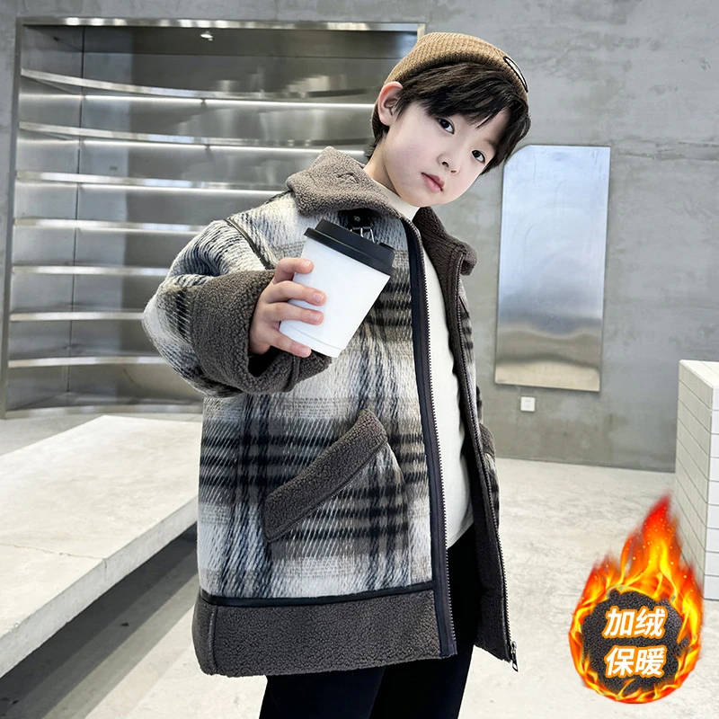 男童冬装格子外套加绒加厚呢大衣2024新款中大童秋冬款儿童棉服潮