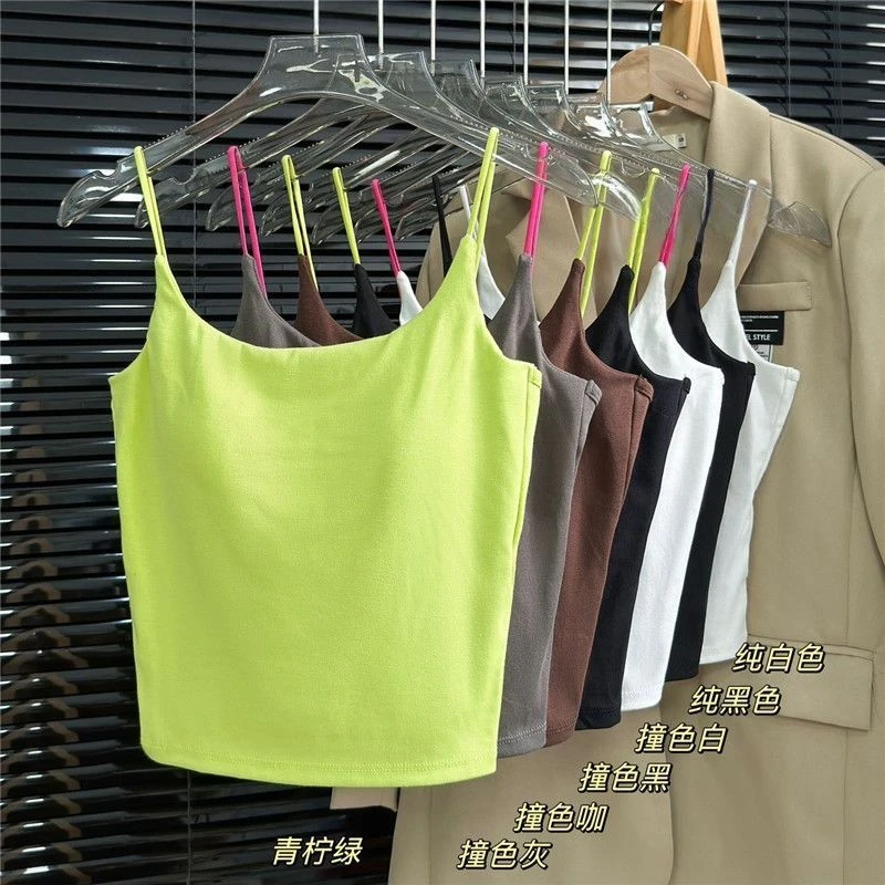辣妹撞色夏季设计吊带背心女交叉露背外穿乳胶胸垫打底上衣女美背