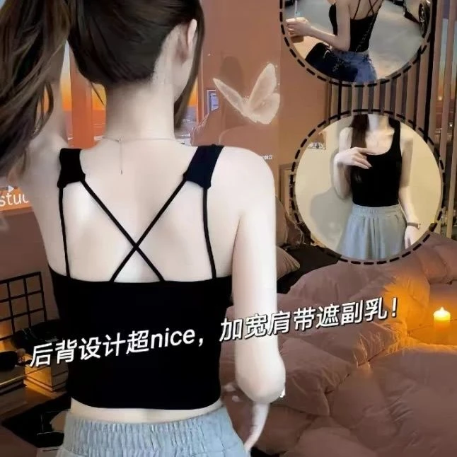 辣妹百搭交叉美背露背露脐运动吊带背心带胸垫内搭外穿显瘦吊带Y