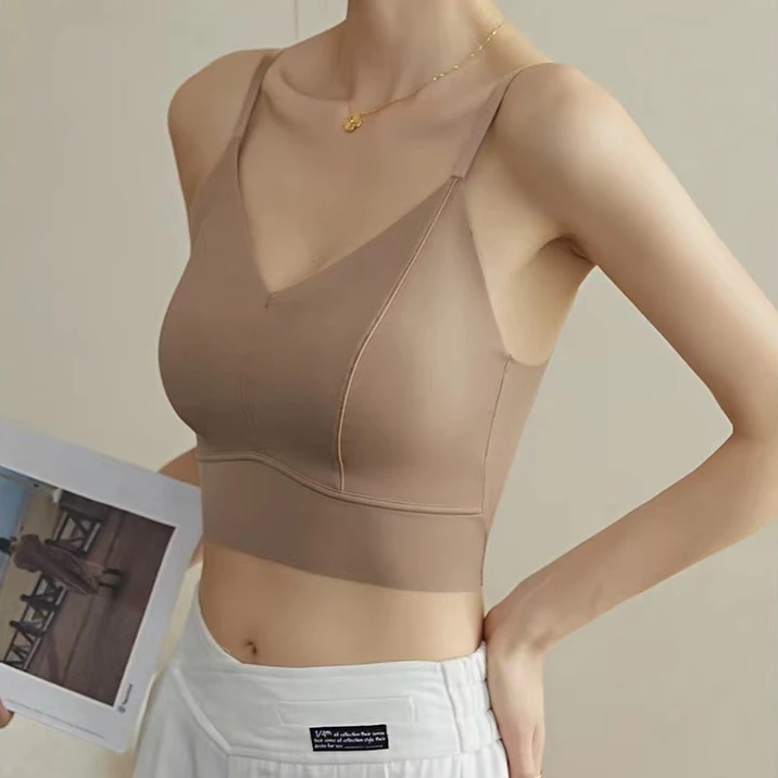 纯欲风冰丝美背吊带背心夏季短款一体固定文胸无痕外搭内穿内衣女