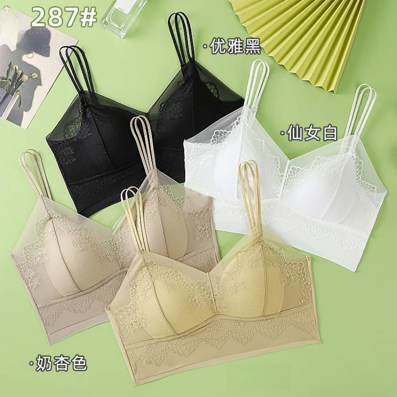 法式爆款蕾丝夏天冰丝无痕透气一体式裹舒适无钢圈小胸聚拢吊带J