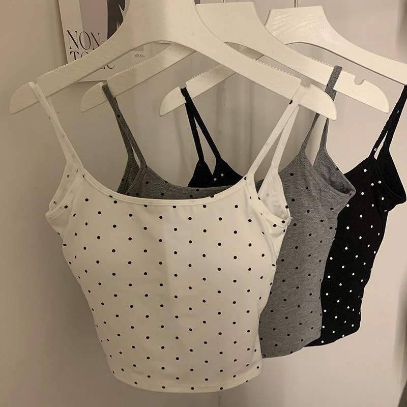 波点吊带辣妹背心女夏季修身内搭带胸垫短款打底U型露背可外穿Y