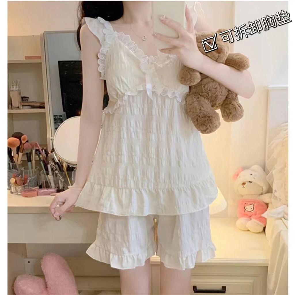 法式夏季睡衣性感v领吊带甜美公主风少女带胸垫家居服套装可外穿