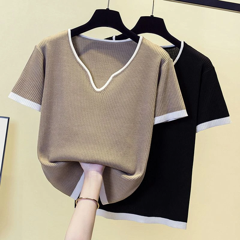 夏季显瘦v领冰丝短袖t恤女正肩遮肚子上衣大码遮肉减龄百搭打底衫
