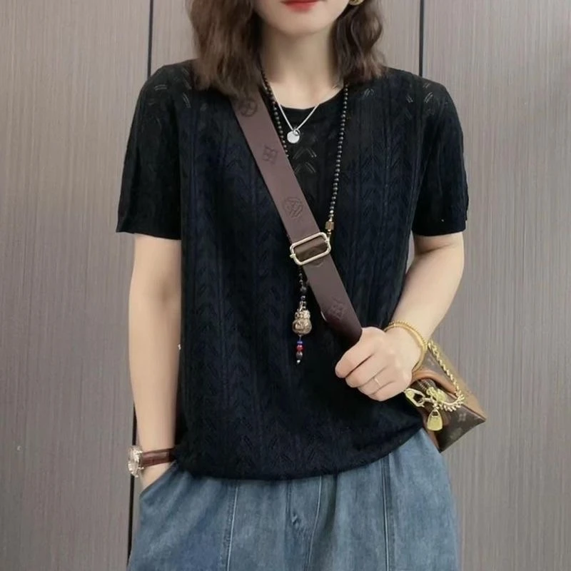 宽松显瘦【80-200斤】圆领冰丝短袖T恤女夏季大码胖妹妹镂空针织衫