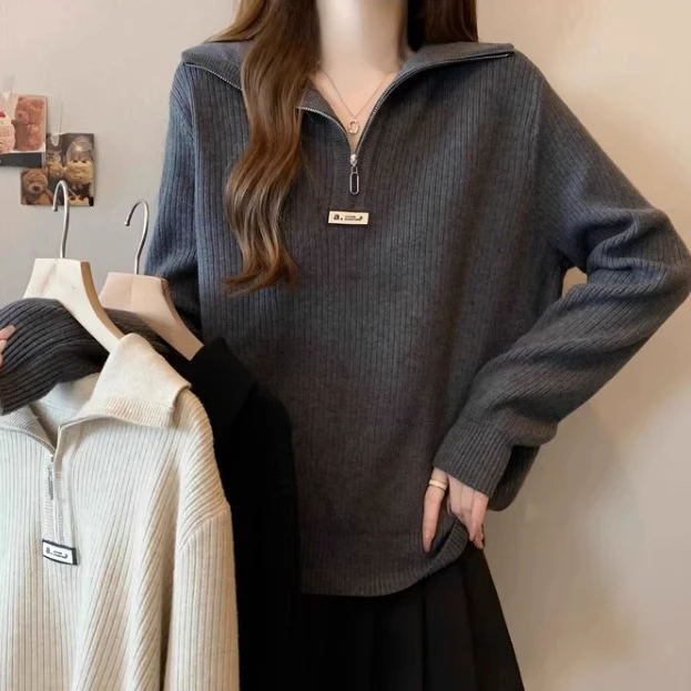 宽松显瘦【80-200斤】拉链半开领针织上衣女款秋冬加厚洋气减龄毛衣