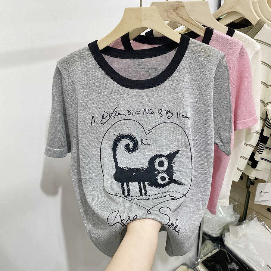 大码女装圆领印花短袖T恤女夏薄款冰丝上衣宽松显瘦胖妹妹针织衫