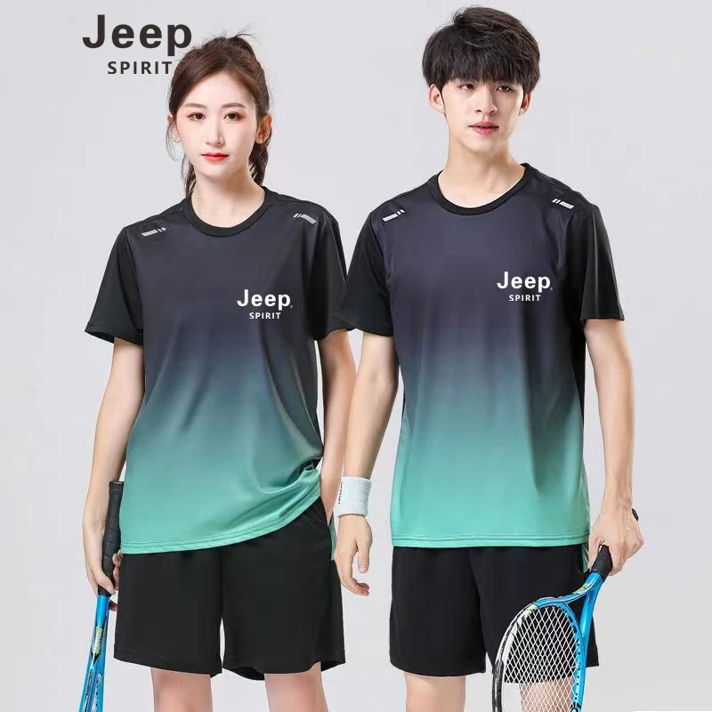 JEEP吉普男女速干同款套装夏季透气渐变色休闲宽松球服套装运动